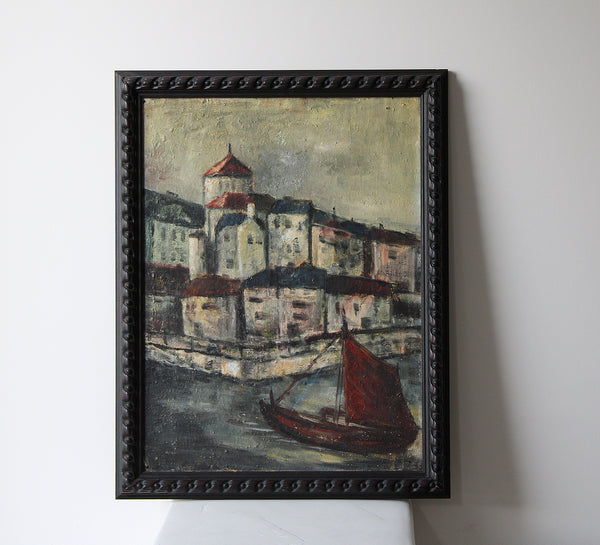 Vintage Seaside Village Painting