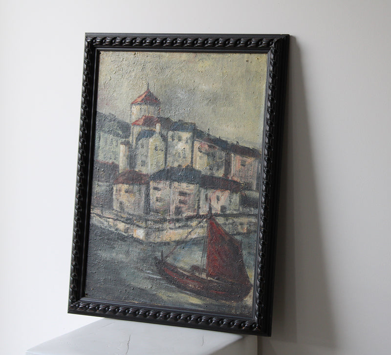 Vintage Seaside Village Painting