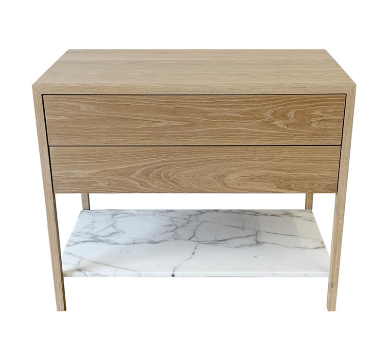 2-Drawer Davis Nightstand – White Oak with Marble Shelf