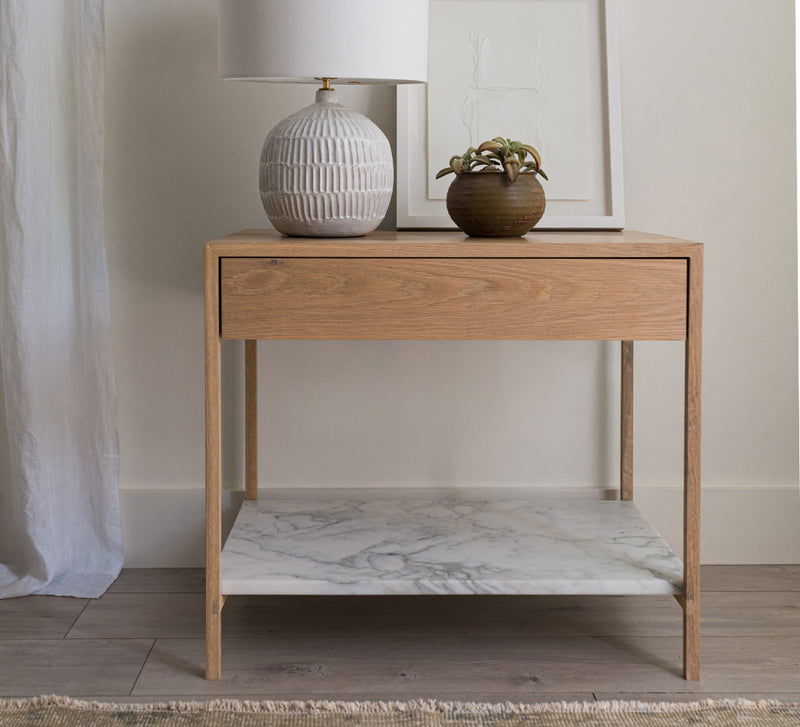 Davis Nightstand – White Oak with Marble Shelf